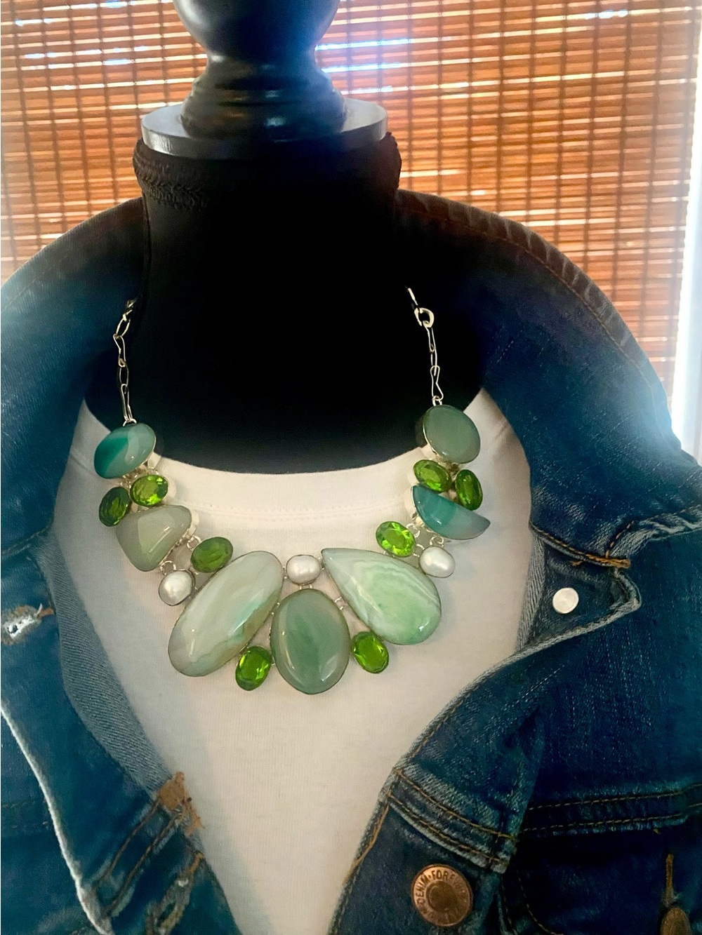 Solar Agate Statement Green Gem Bib Necklace